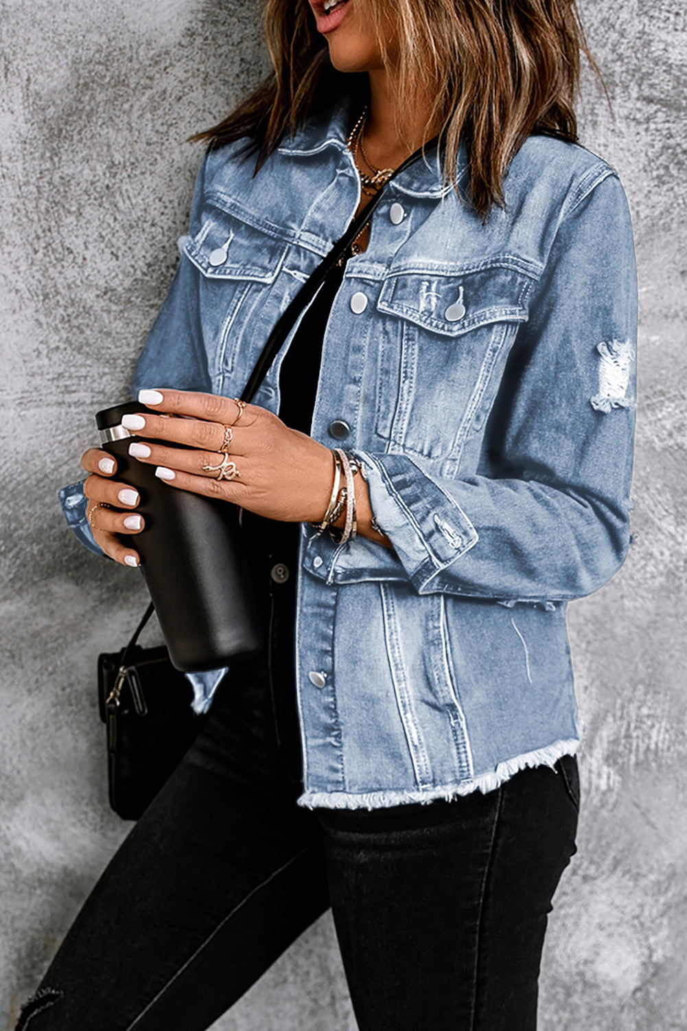 Distressed Raw Hem Denim Jacket