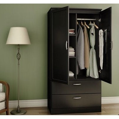 Modern Two Door Wardrobe Armoire with Two Drawers and Hanging Rod Storage, Black