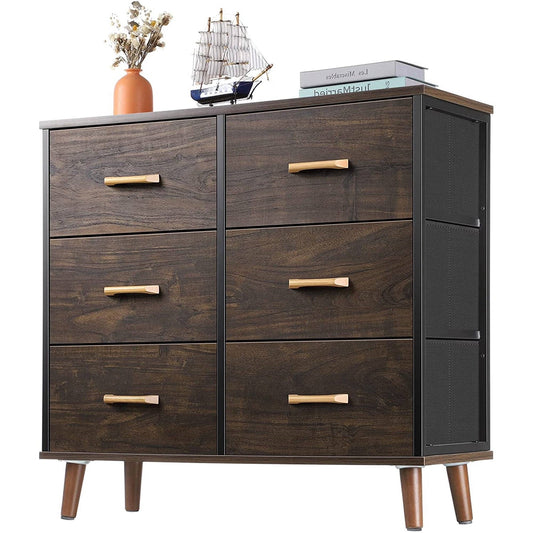 Modern Mid-Century Style 6-Drawer Bedroom Dresser with Fabric Drawers in Walnut