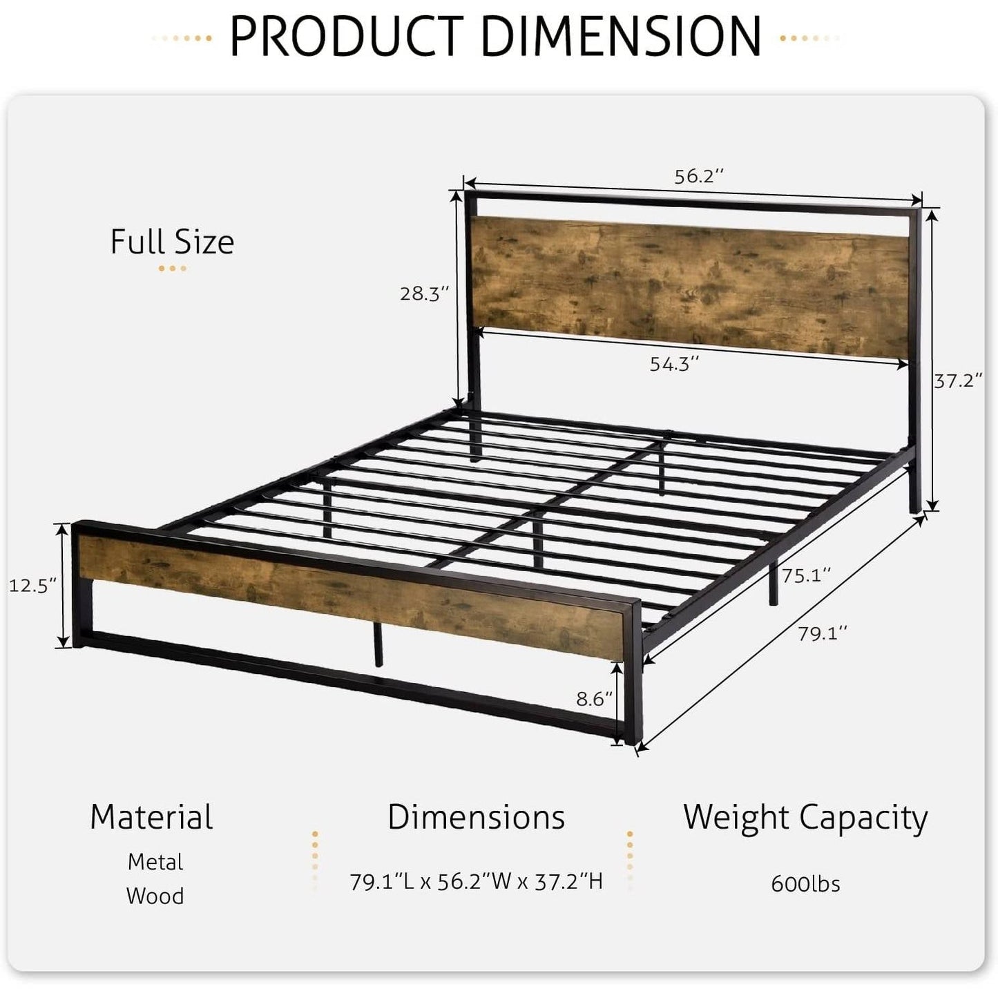 Full size Metal Wood Platform Bed Frame with Industrial Headboard