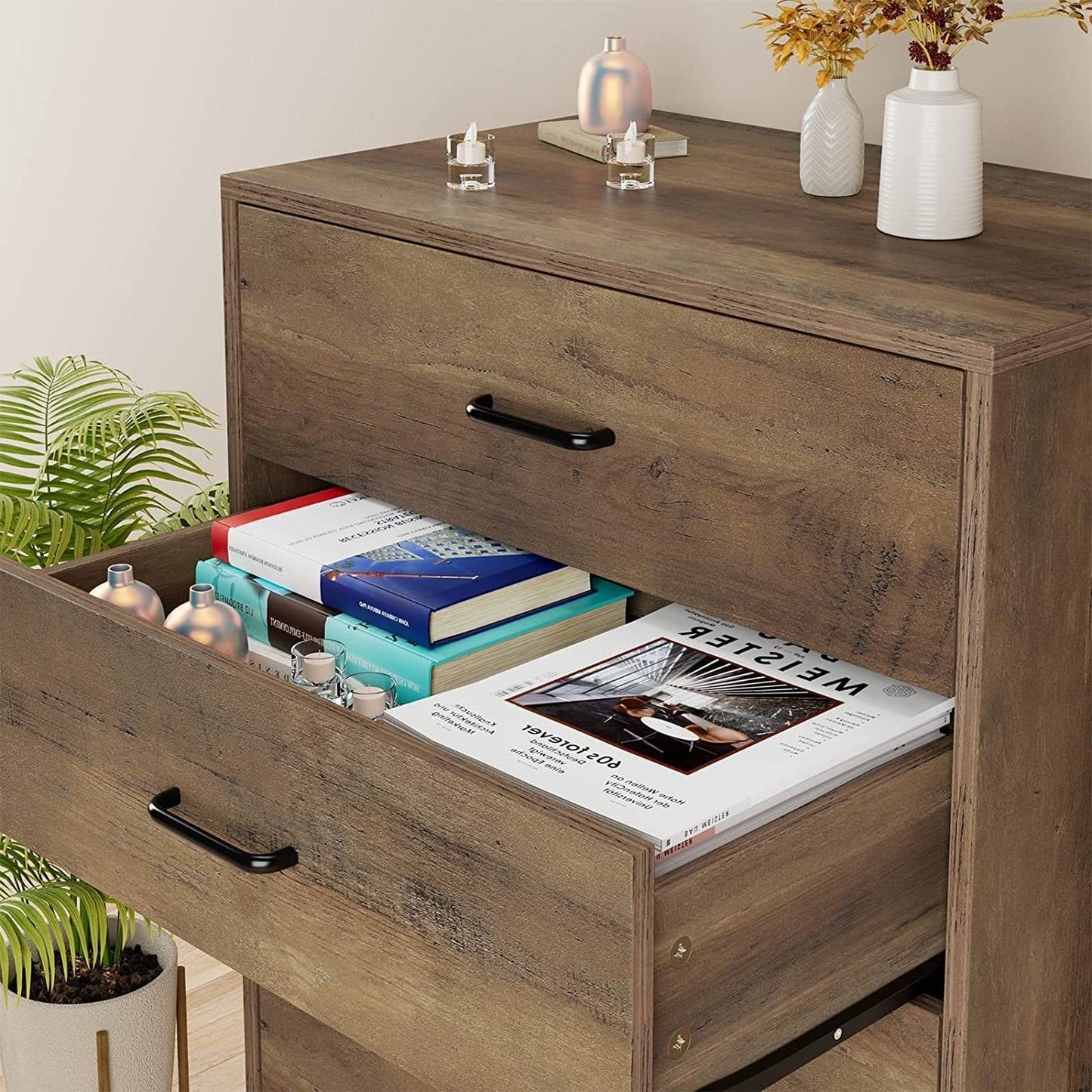 Modern Scandinavian Mid-Century 4-Drawer Chest Cabinet in Brown Wood Finish