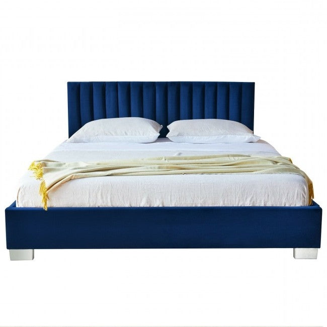 Navy Blue Flannel Tufted Upholstered Platform Bed in Queen Size