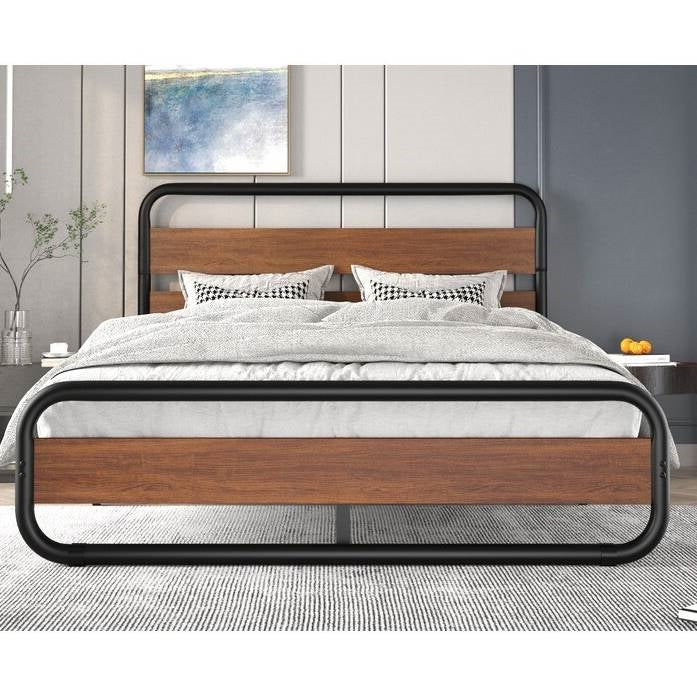 King size Heavy Duty Industrial Modern Metal Wood Platform Bed Frame with Headboard