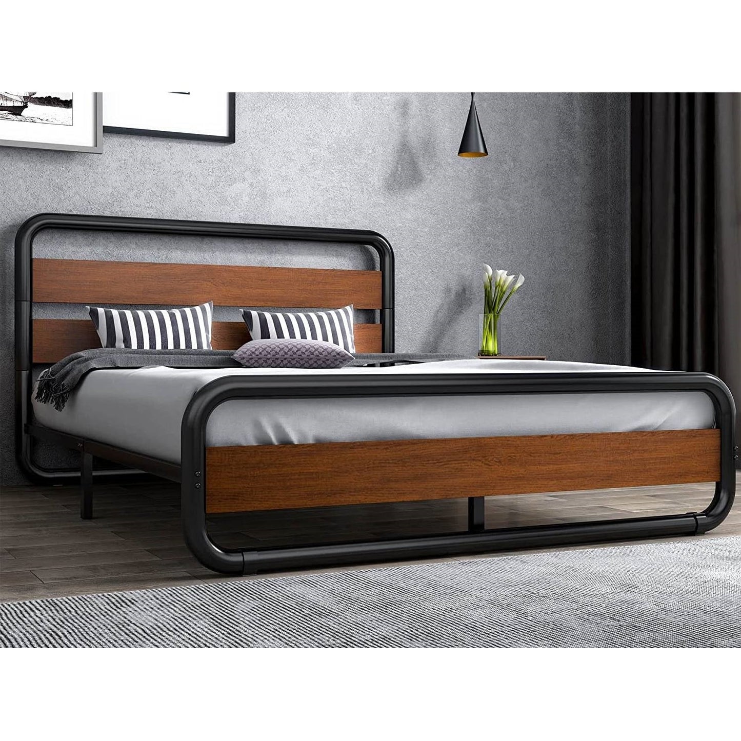 King size Heavy Duty Industrial Modern Metal Wood Platform Bed Frame with Headboard