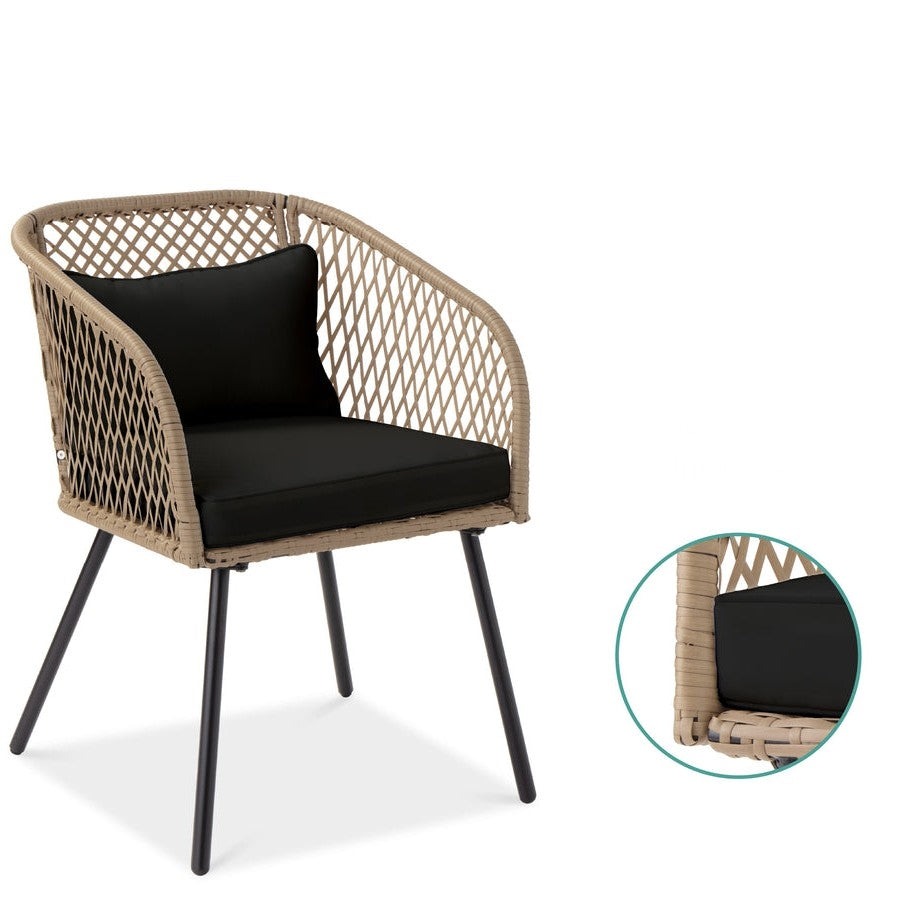 3 Piece Beige/Black Outdoor Weave Wicker Bistro w/ Tempered Glass Side Table Set