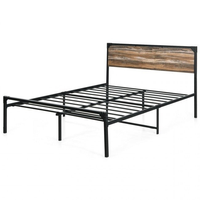 Rustic FarmHome Metal Wood Platform Bed Frame in Queen Size