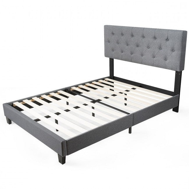 Queen Size Grey Linen Upholstered Platform Bed