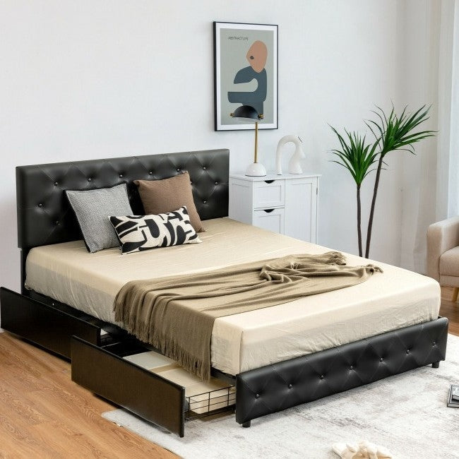 Queen Size Black PU Leather Button Tufted Platform Bed with 4 Storage Drawers