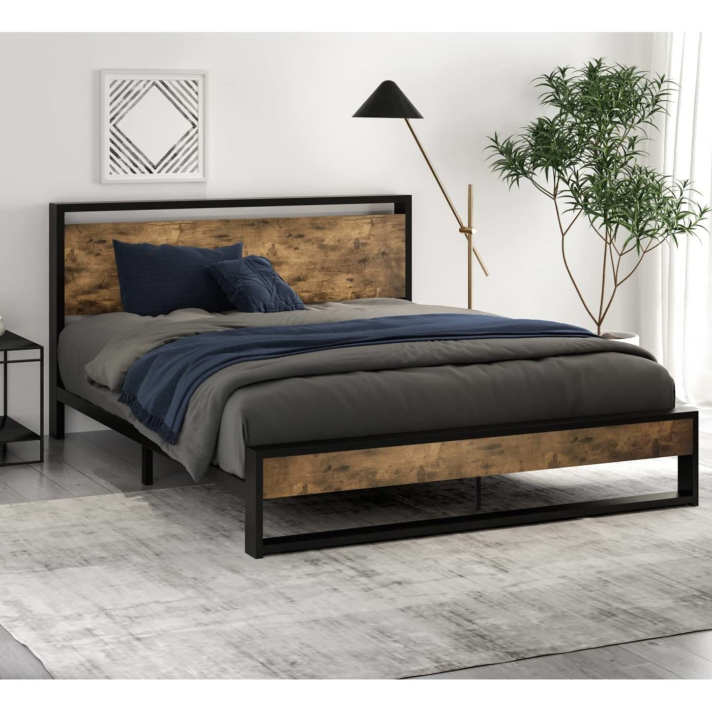 Queen size Metal Wood Platform Bed Frame with Industrial Headboard