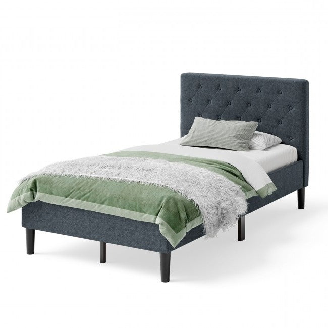 Twin Size Grey Upholstered Button Tufted Headboard Platform Bed